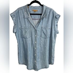 NWT JACHS Girlfriend cap sleeve blue chambray button-up shirt / Tropical Print